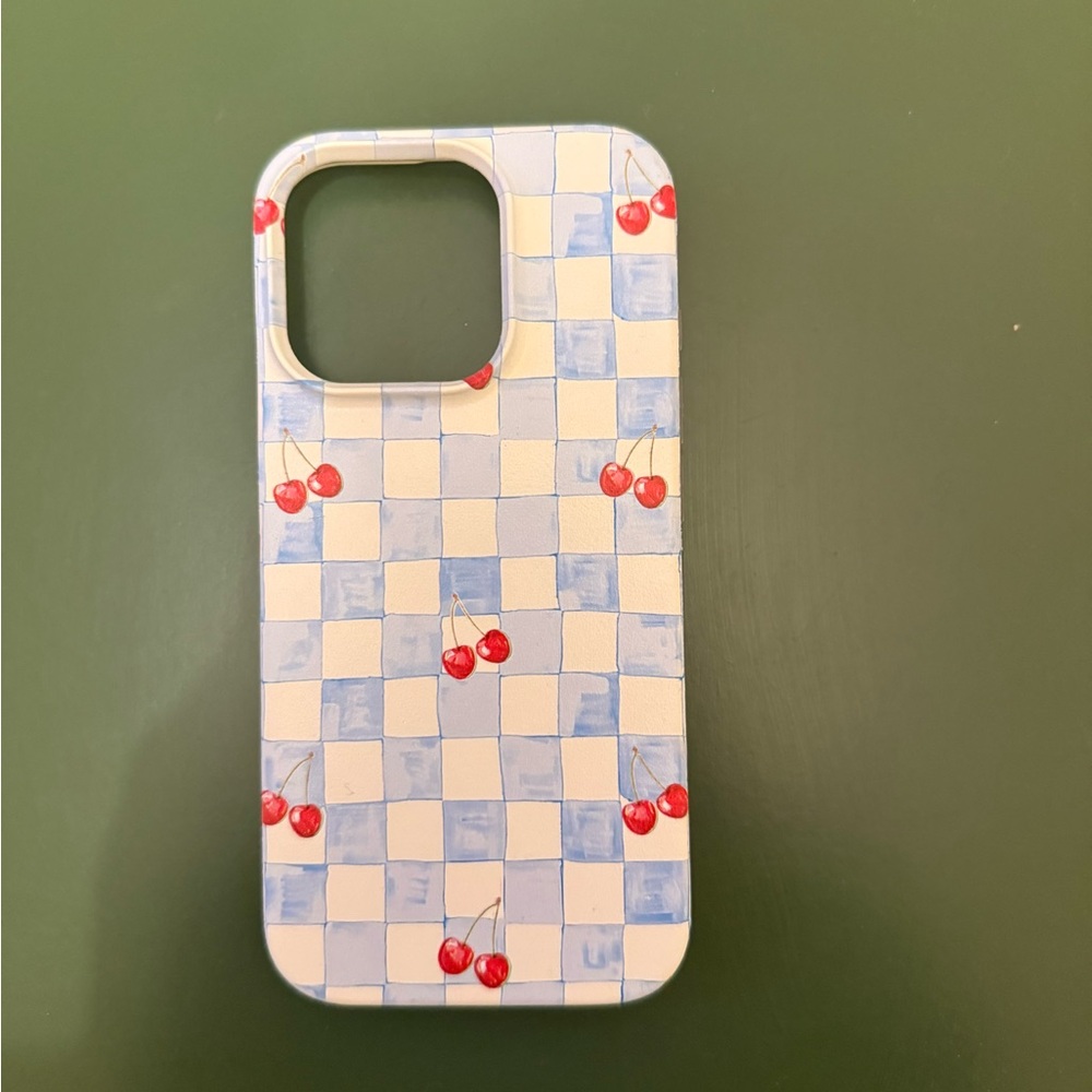 Stylish Cherry Checkered Phone Case - White & Blue